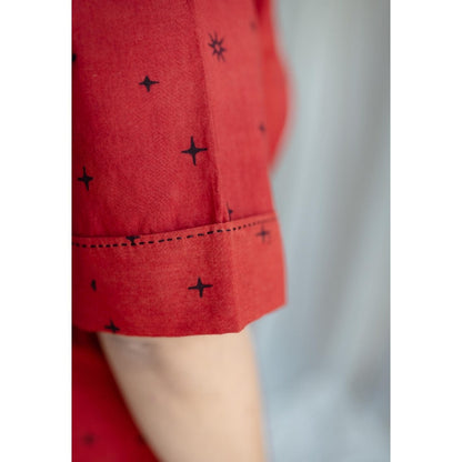 The Indian Ethnic Co. Red A-Line Ajrakh Printed Dress with V Neck & Hand Embroidered