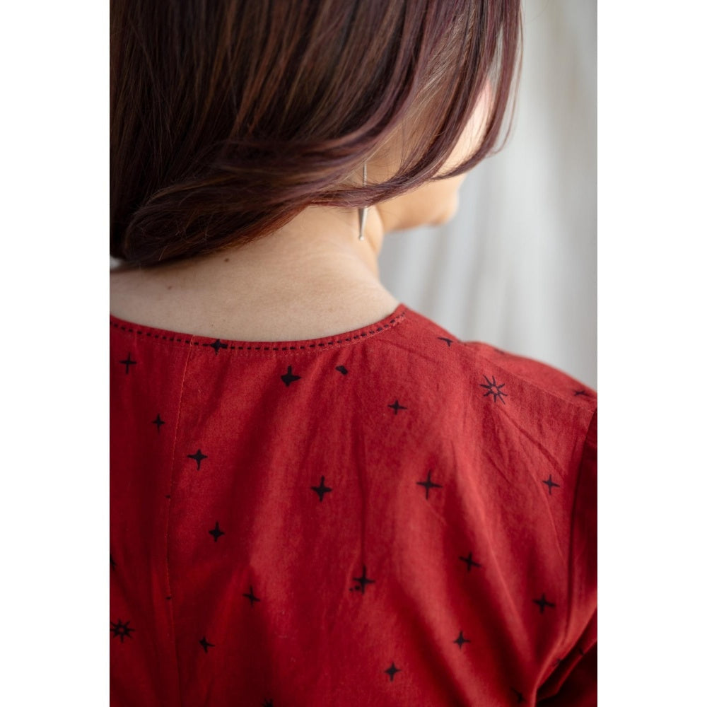 The Indian Ethnic Co. Red A-Line Ajrakh Printed Dress with V Neck & Hand Embroidered