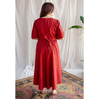 The Indian Ethnic Co. Red A-Line Ajrakh Printed Dress with V Neck & Hand Embroidered