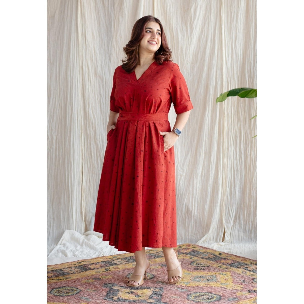 The Indian Ethnic Co. Red A-Line Ajrakh Printed Dress with V Neck & Hand Embroidered