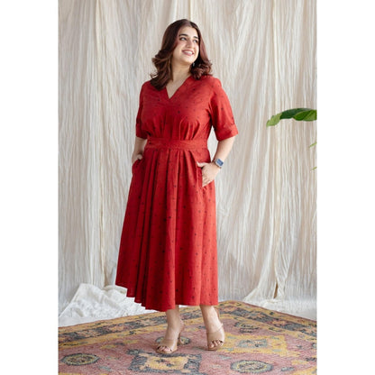 The Indian Ethnic Co. Red A-Line Ajrakh Printed Dress with V Neck & Hand Embroidered