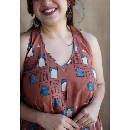 The Indian Ethnic Co. Brick Brown A-Line Ajrakh Printed Dress with V Neck & Sleeveless