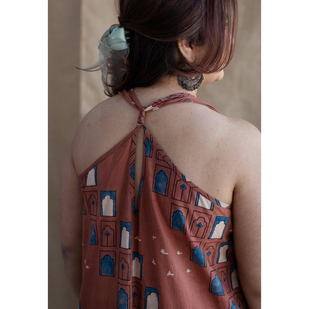 The Indian Ethnic Co. Brick Brown A-Line Ajrakh Printed Dress with V Neck & Sleeveless