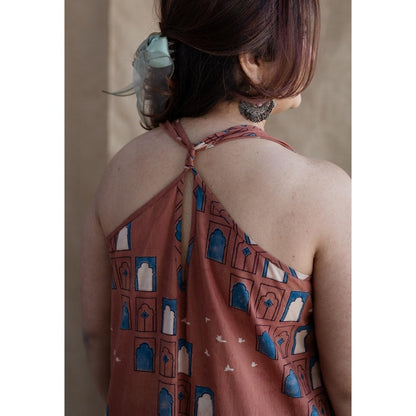 The Indian Ethnic Co. Brick Brown A-Line Ajrakh Printed Dress with V Neck & Sleeveless