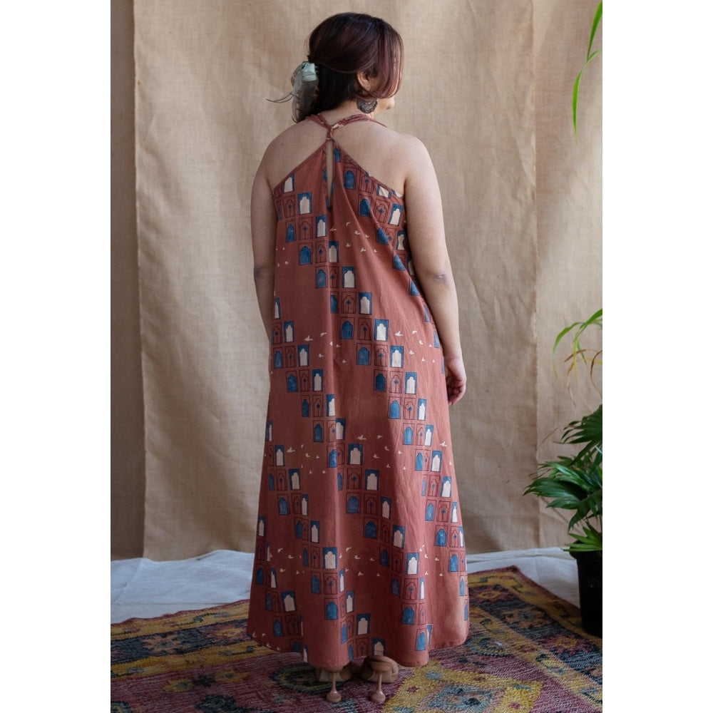 The Indian Ethnic Co. Brick Brown A-Line Ajrakh Printed Dress with V Neck & Sleeveless