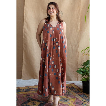 The Indian Ethnic Co. Brick Brown A-Line Ajrakh Printed Dress with V Neck & Sleeveless