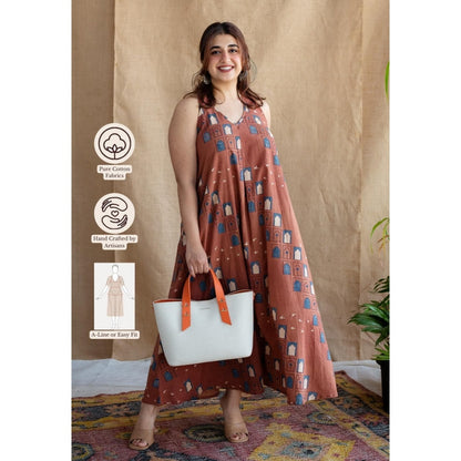 The Indian Ethnic Co. Brick Brown A-Line Ajrakh Printed Dress with V Neck & Sleeveless