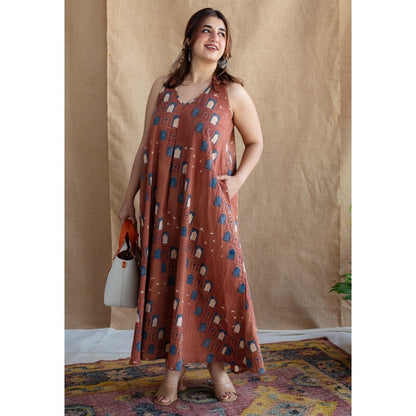 The Indian Ethnic Co. Brick Brown A-Line Ajrakh Printed Dress with V Neck & Sleeveless