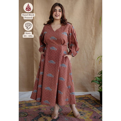 The Indian Ethnic Co. Brick Brown A-Line Ajrakh Printed Dress with V Neck & Full Sleeves
