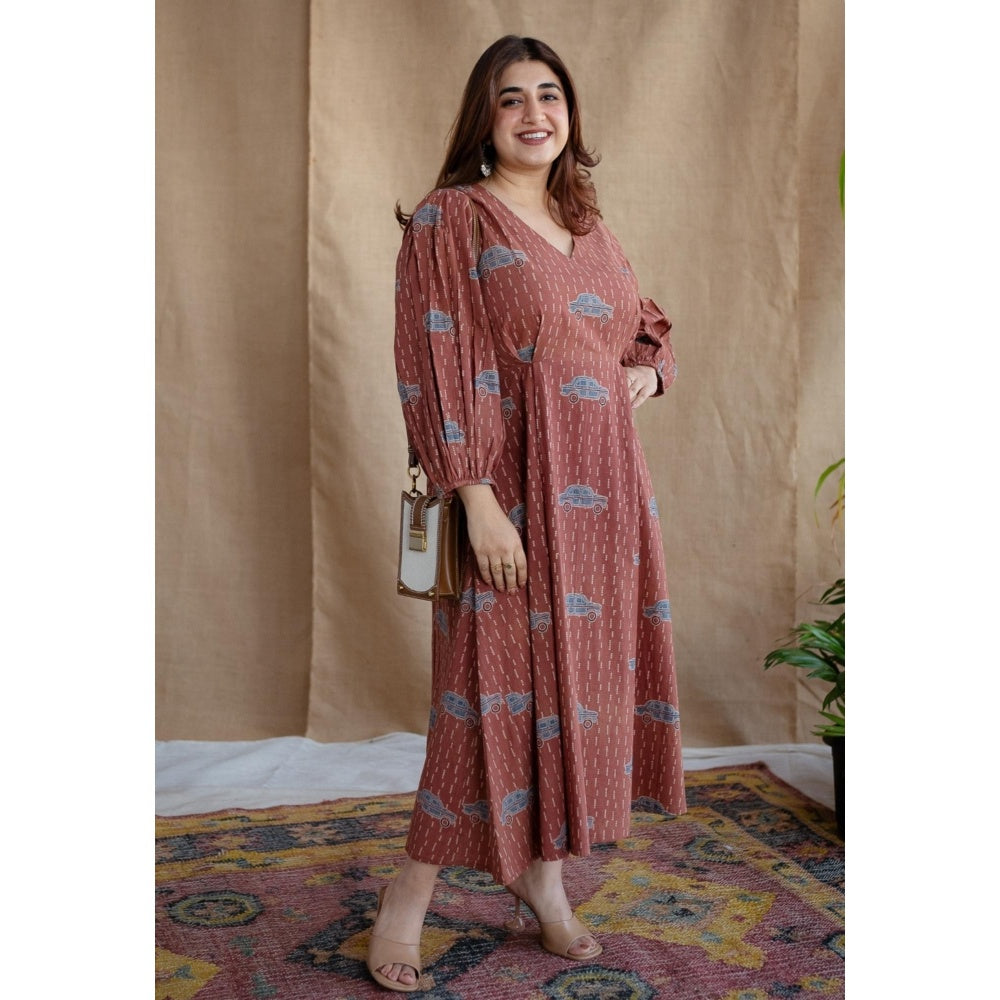 The Indian Ethnic Co. Brick Brown A-Line Ajrakh Printed Dress with V Neck & Full Sleeves