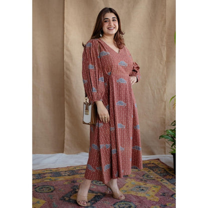 The Indian Ethnic Co. Brick Brown A-Line Ajrakh Printed Dress with V Neck & Full Sleeves