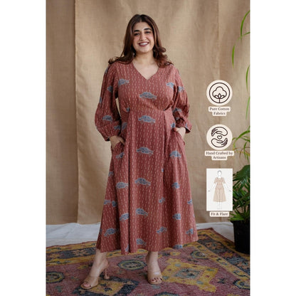 The Indian Ethnic Co. Brick Brown A-Line Ajrakh Printed Dress with V Neck & Full Sleeves