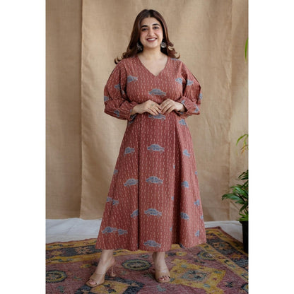 The Indian Ethnic Co. Brick Brown A-Line Ajrakh Printed Dress with V Neck & Full Sleeves