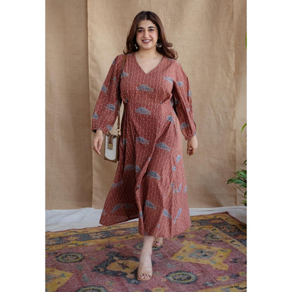 The Indian Ethnic Co. Brick Brown A-Line Ajrakh Printed Dress with V Neck & Full Sleeves