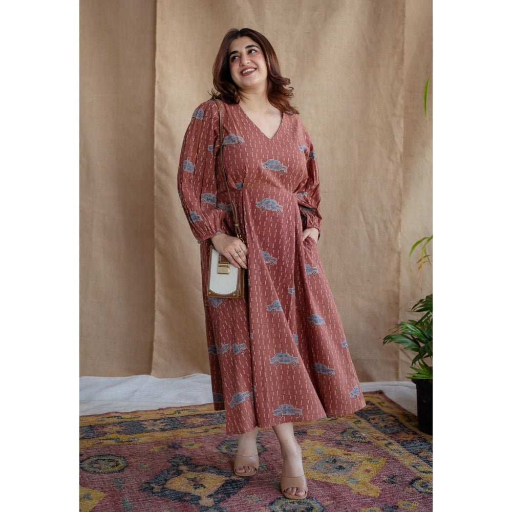 The Indian Ethnic Co. Brick Brown A-Line Ajrakh Printed Dress with V Neck & Full Sleeves