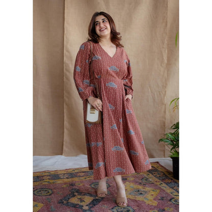 The Indian Ethnic Co. Brick Brown A-Line Ajrakh Printed Dress with V Neck & Full Sleeves