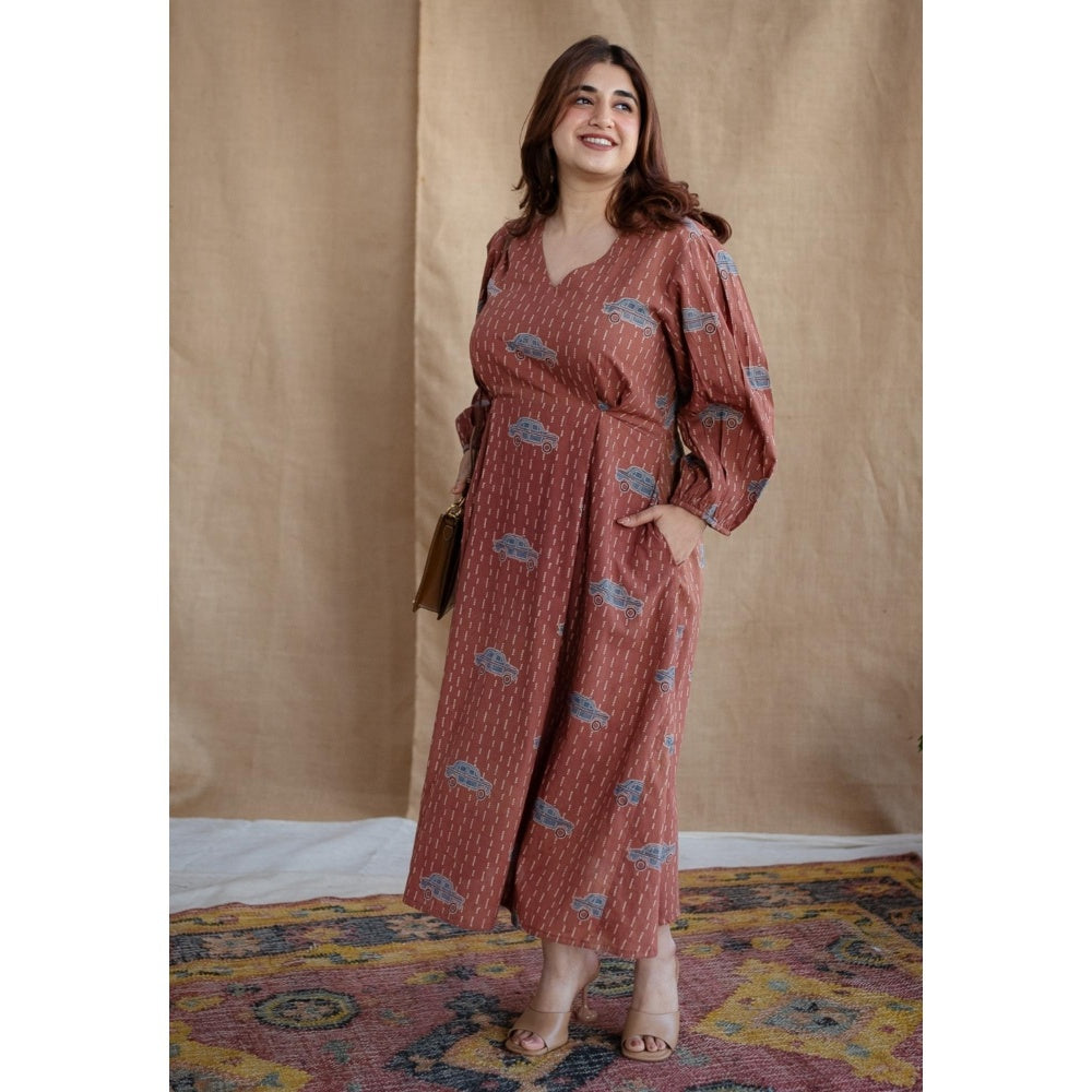 The Indian Ethnic Co. Brick Brown A-Line Ajrakh Printed Dress with V Neck & Full Sleeves