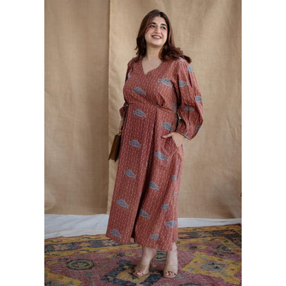 The Indian Ethnic Co. Brick Brown A-Line Ajrakh Printed Dress with V Neck & Full Sleeves