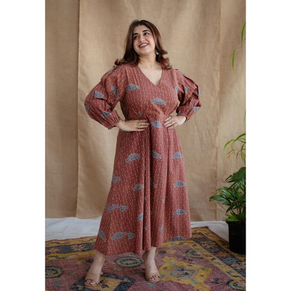 The Indian Ethnic Co. Brick Brown A-Line Ajrakh Printed Dress with V Neck & Full Sleeves