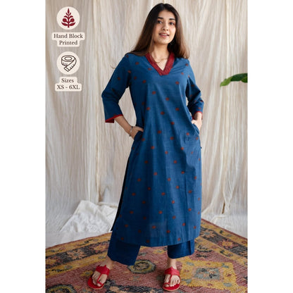 The Indian Ethnic Co. Blue Straight Ajrakh Printed Cotton Kurta With V Neck