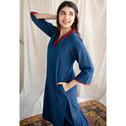 The Indian Ethnic Co. Blue Straight Ajrakh Printed Cotton Kurta With V Neck