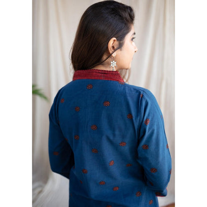 The Indian Ethnic Co. Blue Straight Ajrakh Printed Cotton Kurta With V Neck
