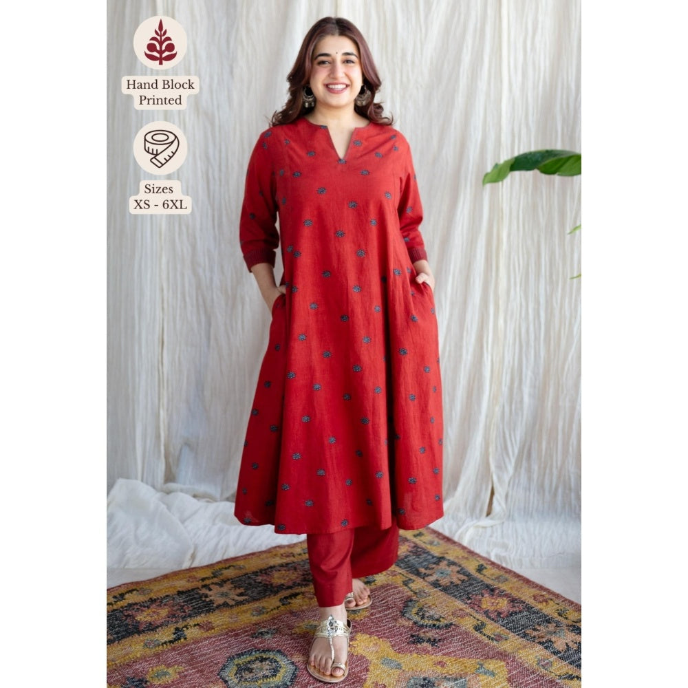 The Indian Ethnic Co. Red A-Line Ajrakh Printed Cotton Kurta With Split V Neck & Embroidered