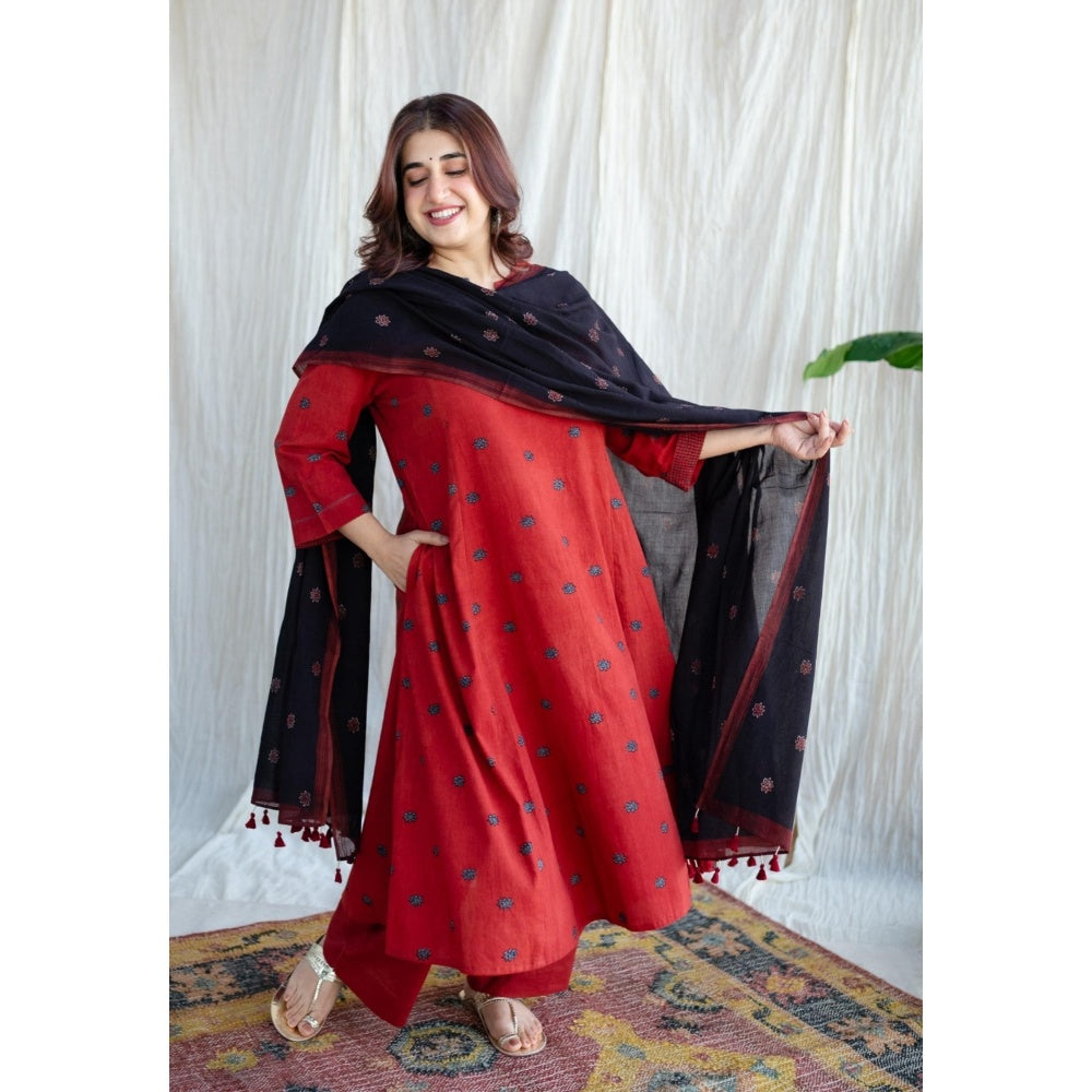 The Indian Ethnic Co. Red A-Line Ajrakh Printed Cotton Kurta With Split V Neck & Embroidered