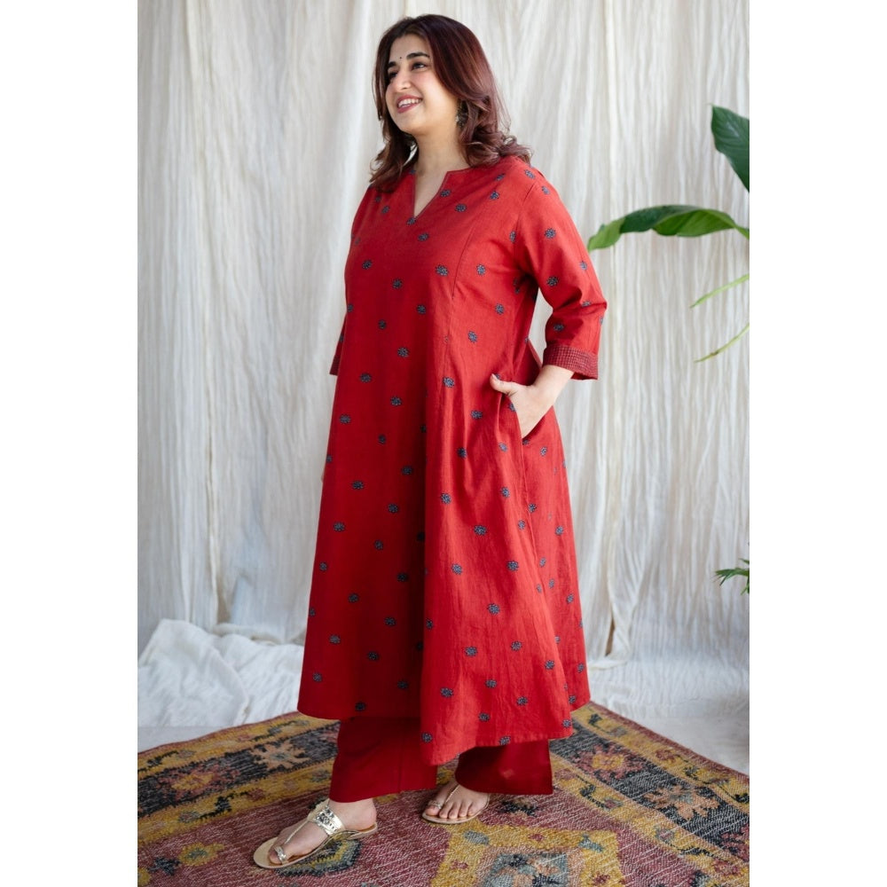 The Indian Ethnic Co. Red A-Line Ajrakh Printed Cotton Kurta With Split V Neck & Embroidered