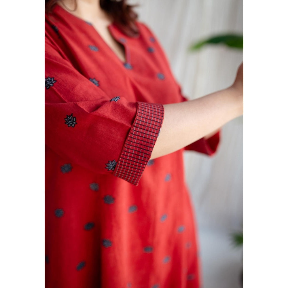 The Indian Ethnic Co. Red A-Line Ajrakh Printed Cotton Kurta With Split V Neck & Embroidered
