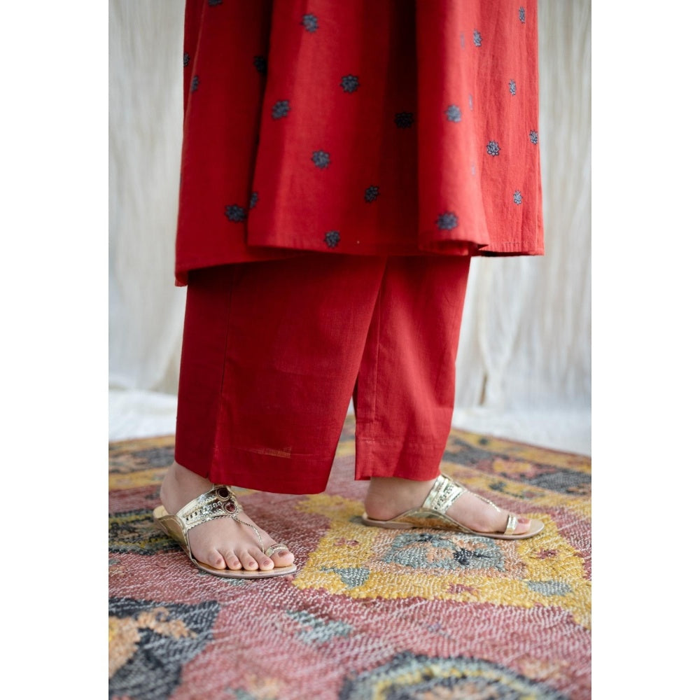 The Indian Ethnic Co. Red A-Line Ajrakh Printed Cotton Kurta With Split V Neck & Embroidered