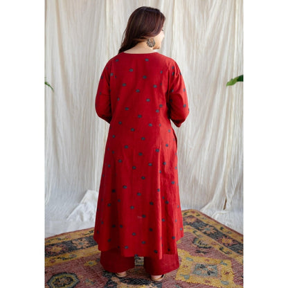 The Indian Ethnic Co. Red A-Line Ajrakh Printed Cotton Kurta With Split V Neck & Embroidered