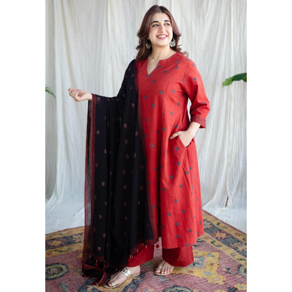 The Indian Ethnic Co. Red A-Line Ajrakh Printed Cotton Kurta With Split V Neck & Embroidered
