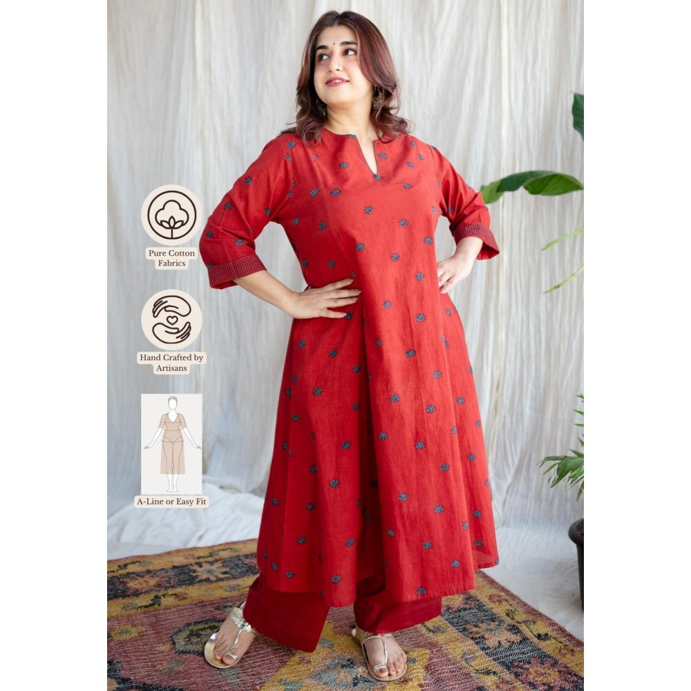 The Indian Ethnic Co. Red A-Line Ajrakh Printed Cotton Kurta With Split V Neck & Embroidered