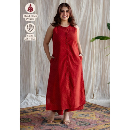 The Indian Ethnic Co. Red Straight Printed Cotton Kurta With Mandarin Collar & Sleeveless