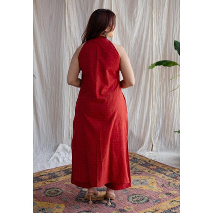 The Indian Ethnic Co. Red Straight Printed Cotton Kurta With Mandarin Collar & Sleeveless