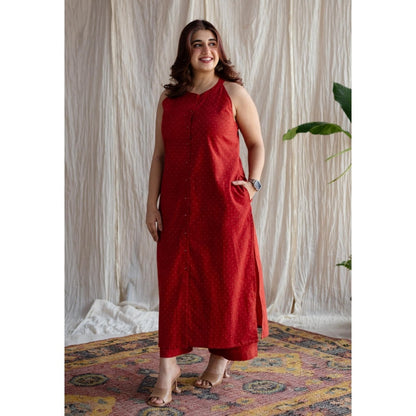 The Indian Ethnic Co. Red Straight Printed Cotton Kurta With Mandarin Collar & Sleeveless