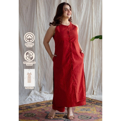 The Indian Ethnic Co. Red Straight Printed Cotton Kurta With Mandarin Collar & Sleeveless