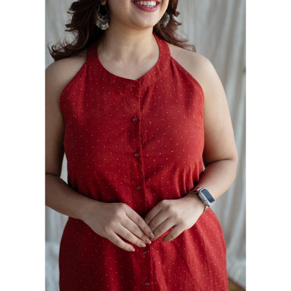 The Indian Ethnic Co. Red Straight Printed Cotton Kurta With Mandarin Collar & Sleeveless