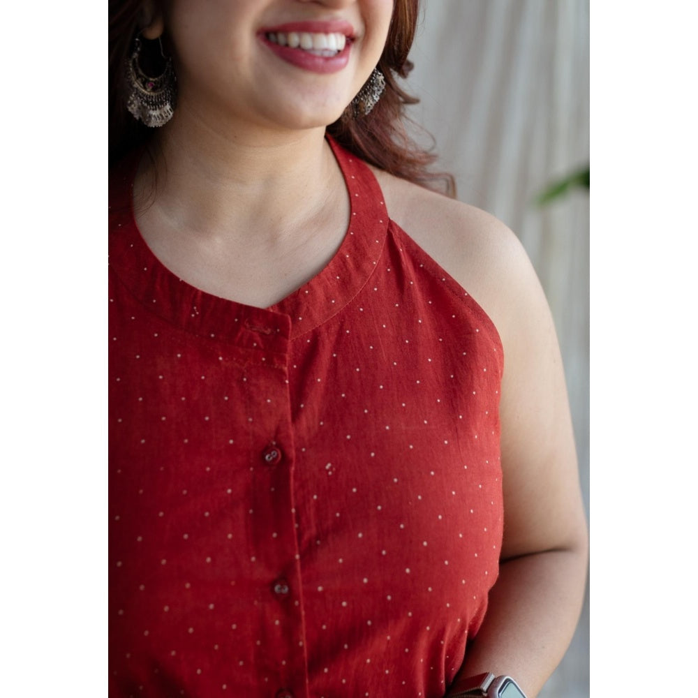 The Indian Ethnic Co. Red Straight Printed Cotton Kurta With Mandarin Collar & Sleeveless
