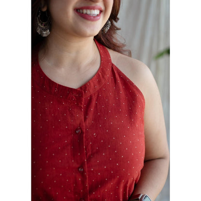 The Indian Ethnic Co. Red Straight Printed Cotton Kurta With Mandarin Collar & Sleeveless