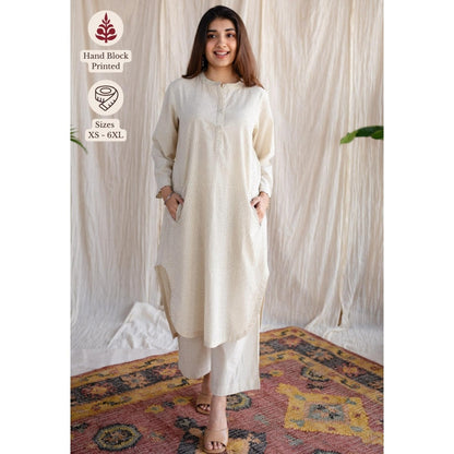 The Indian Ethnic Co. Ivory Loose Ajrakh Printed Cotton Kurta With Full Sleeves & Embroidered