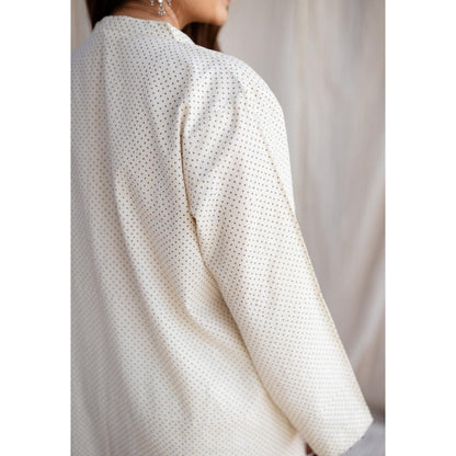 The Indian Ethnic Co. Ivory Loose Ajrakh Printed Cotton Kurta With Full Sleeves & Embroidered