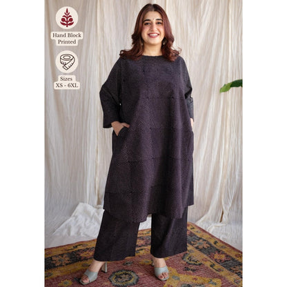 The Indian Ethnic Co. Navy Blue Loose Printed Cotton Kurta With Round Neck & Embroidered