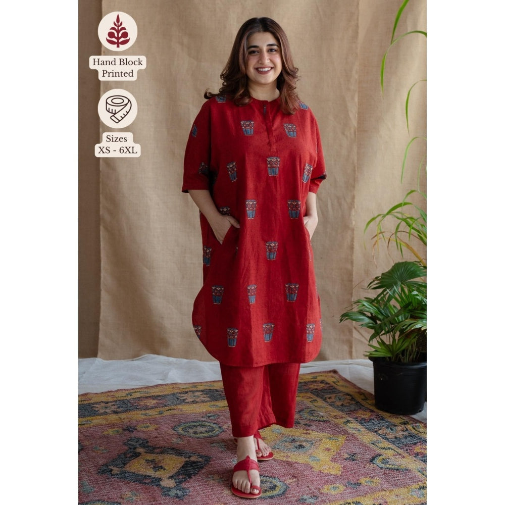 The Indian Ethnic Co. Red Straight Printed Cotton Kurta With Mandarin Neck