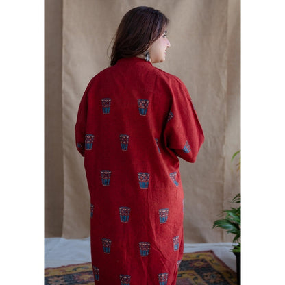 The Indian Ethnic Co. Red Straight Printed Cotton Kurta With Mandarin Neck