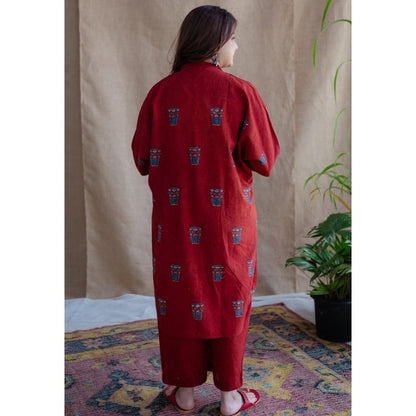 The Indian Ethnic Co. Red Straight Printed Cotton Kurta With Mandarin Neck