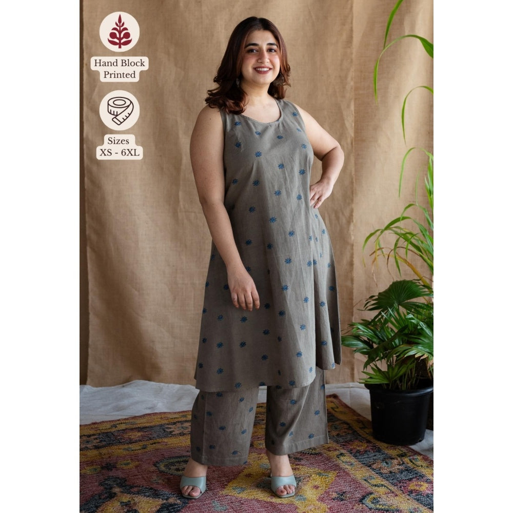 The Indian Ethnic Co. Grey A-Line Printed Cotton Kurta With Round Neck & Embroidered