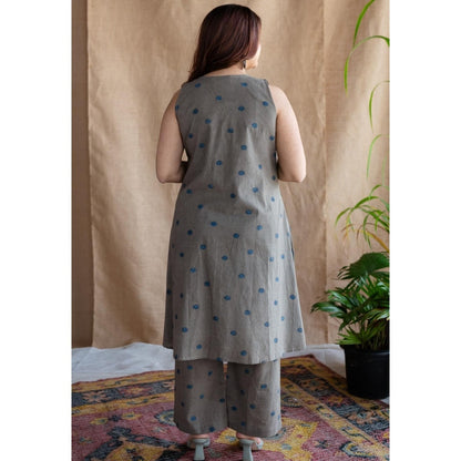 The Indian Ethnic Co. Grey A-Line Printed Cotton Kurta With Round Neck & Embroidered