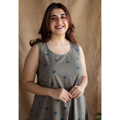 The Indian Ethnic Co. Grey A-Line Printed Cotton Kurta With Round Neck & Embroidered